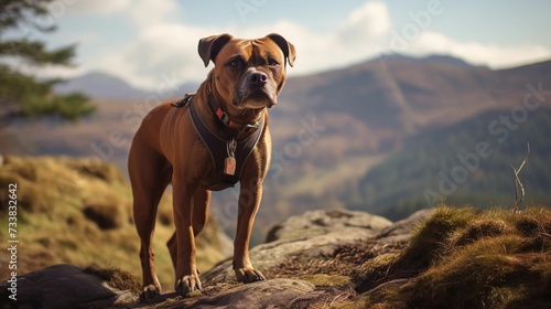 AI generated illustration of an American Pit Bull Terrier sitting in a green meadow