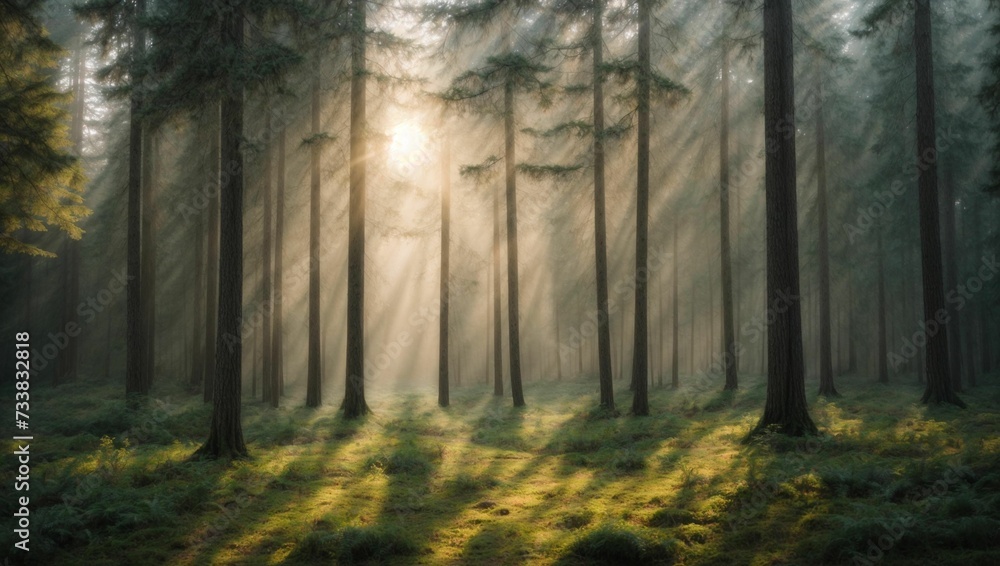 sunlight in the middle of a forest with some trees on either side