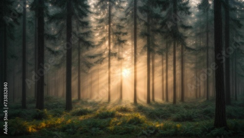 trees  bushes and sun shining through the foggy forest