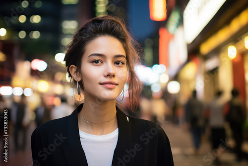 Beautiful Asian Woman with a Happy Smile  Posing in Urban City Street