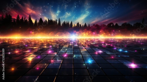 AI generated illustration of a glowing tiled floor against a forest at night