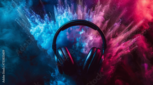 banner with headset headphones on splashing abstract colorful dust background.
