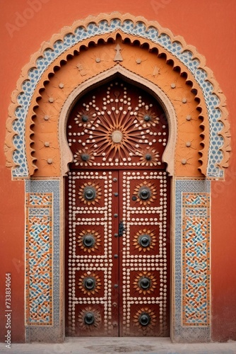 AI generated illustration of an orange door with two ornate medallions featuring a geometric pattern