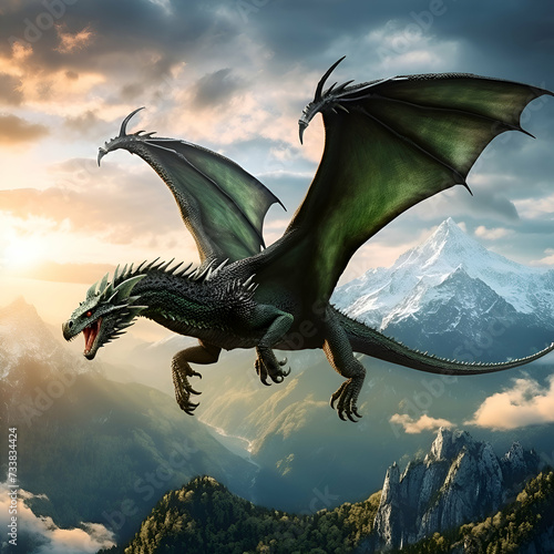 Dragon flying high in the mountains. 3D illustration. Fantasy.