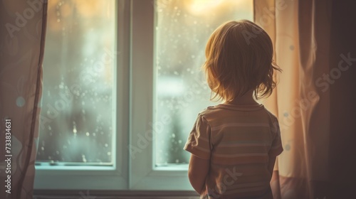 The silhouette of a small lonely child in an orphanage gazes out the window, hoping to be adopted into a family. Concept of orphans.