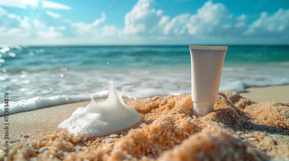 Close shot of sunscreen bottle kept on sand near sea beach a mockup, Generative AI. - obrazy, fototapety, plakaty 