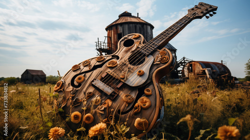 Guitar standing outside by a Farm barn