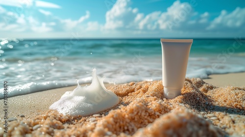Close shot of sunscreen bottle kept on sand near sea beach a mockup, Generative AI. photo
