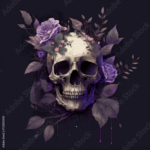 AI generated illustration of a macabre image of a skull with purple roses adorning its forehead