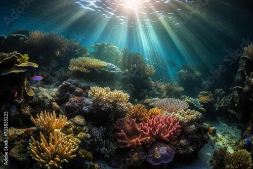 AI generated illustration of coral reefs deep in the ocean illuminated in the warm light of the sun