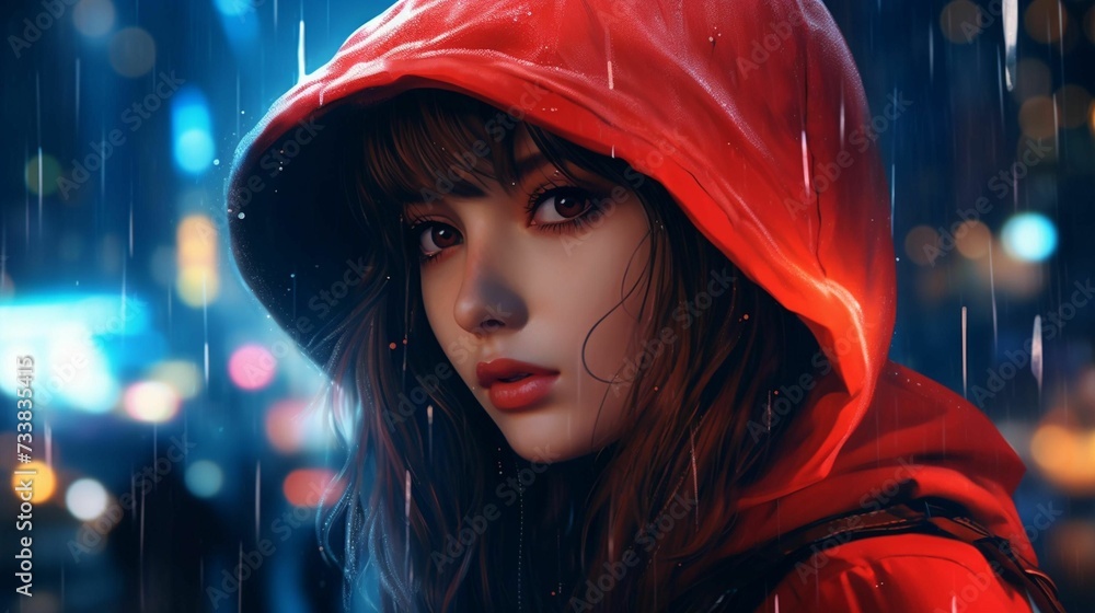 AI generated illustration of a female in the rain wearing a red hooded jacket in the evening AI generated illustration of a female in the rain wearing a red hooded jacket in the evening