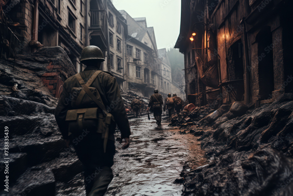 March of the Winter Warriors: A Group of Camouflaged Soldiers Walking through a City Battlefield at Night March of the Winter Warriors: A Group of Camouflaged Soldiers Walking through a City Battlefield at Night