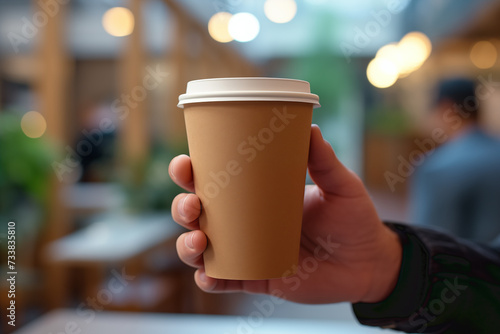 A hand holding a disposable eco-friendly cardboard cup with takeaway coffee inside a building