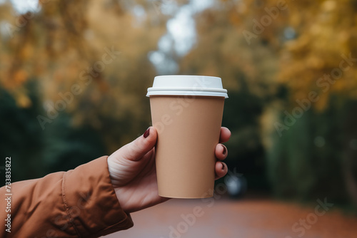 A woman's hand holding a disposable eco-friendly cardboard cup with takeaway coffee in a park with colorful autumn trees