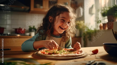 AI generated illustration of a young girl laughing and eating pizza