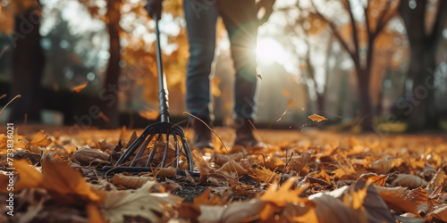 Autumn Leaf Cleanup in Warm Light. Person raking fall leaves in sunlit yard with a fan rake. photo