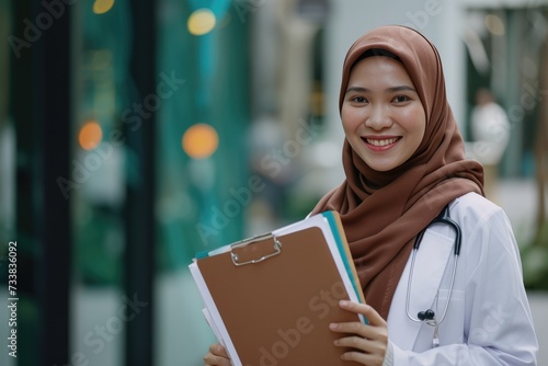 smiling muslim female doctor in brown hijab carrying medical records.