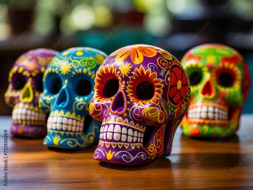 Fototapeta premium AI generated illustration of human skulls in vibrant patterns