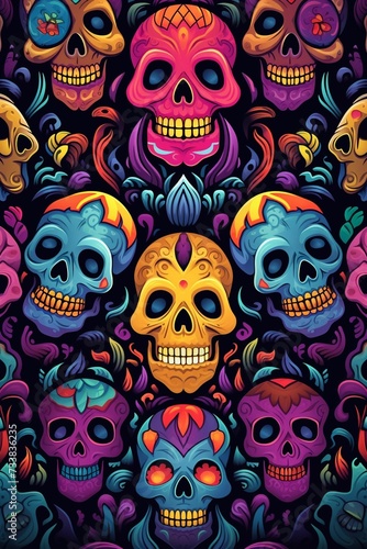 AI generated illustration of a vibrant wallpaper pattern featuring a skull design