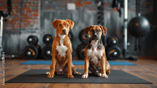 Two dogs at the gym. Two dogs durig dog fitness trainig. Gymnastics accessories. Fitness equipment. gym dogs.