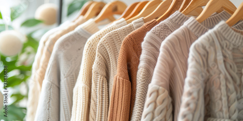 Chic Textured Sweaters Lineup. Close-up of assorted cozy female knit sweaters handing on a rack. Neutral colors palette, basic closet.