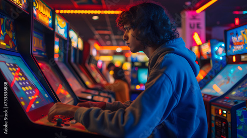 An immersive photograph featuring a gamer enjoying a modern video game with a design reminiscent of classic arcade games, capturing the essence of gaming nostalgia. photo