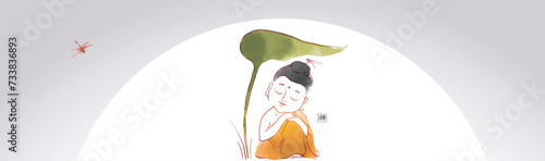 Ink wash painting of Buddha in meditation under a big leaf with big sun on background. Traditional oriental ink painting sumi-e, u-sin, go-hua. Translation of hieroglyph - zen