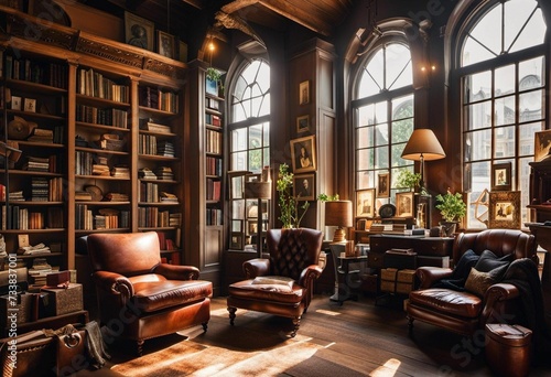 a room with lots of books on shelves and many leather chairs