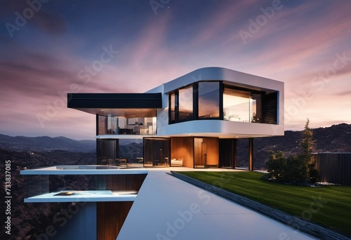 AI generated illustration of a modern house on the hills with a stunning view of the landscape