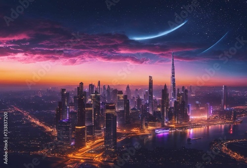 AI generated illustration of a stunning city skyline illuminated by the golden sunset