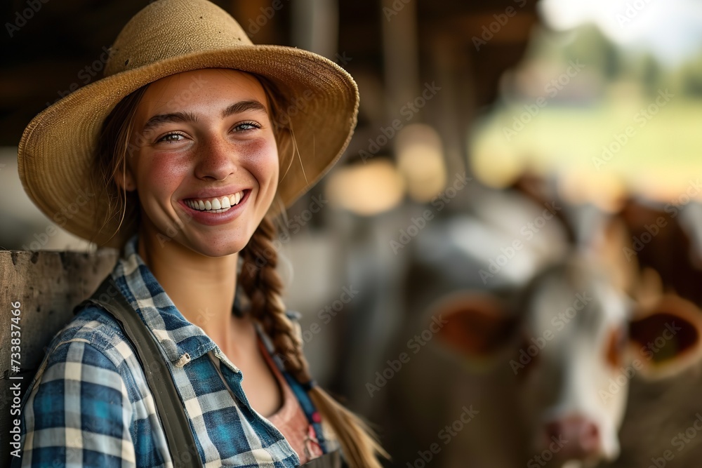 Dairy farm worker, jovial and beaming, with an array of cows with big copy space, Generative AI.