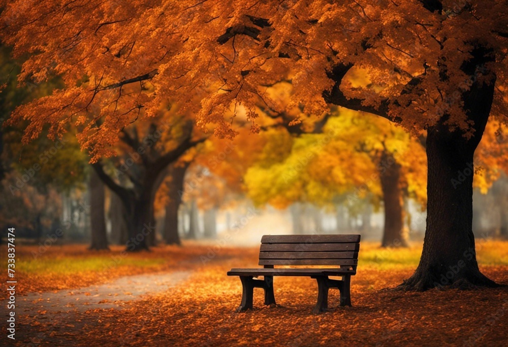 AI generated illustration of a bench in a forest with orange trees in autumn