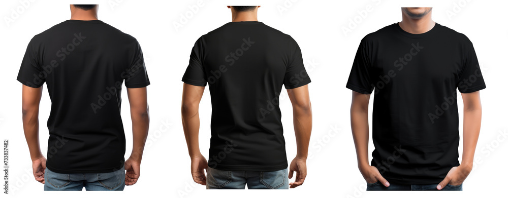 set of plain black t-shirt and man back and  front for PNG mockup on transparent background crop image use. - obrazy, fototapety, plakaty 
