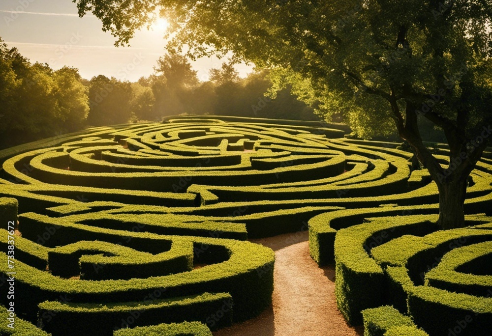 An idyllic outdoor scene with a pristinely designed maze illuminated by a soft light An idyllic outdoor scene with a pristinely designed maze illuminated by a soft light