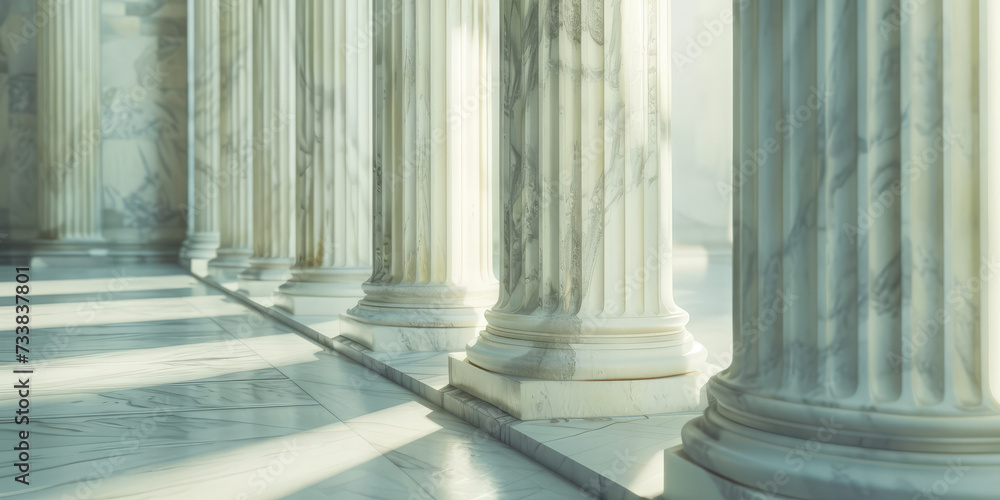 Classic Marble Pillar Architecture. Marble pillars in a neoclassical architecture style bask in sunlight. Minimal style outdoor composition.