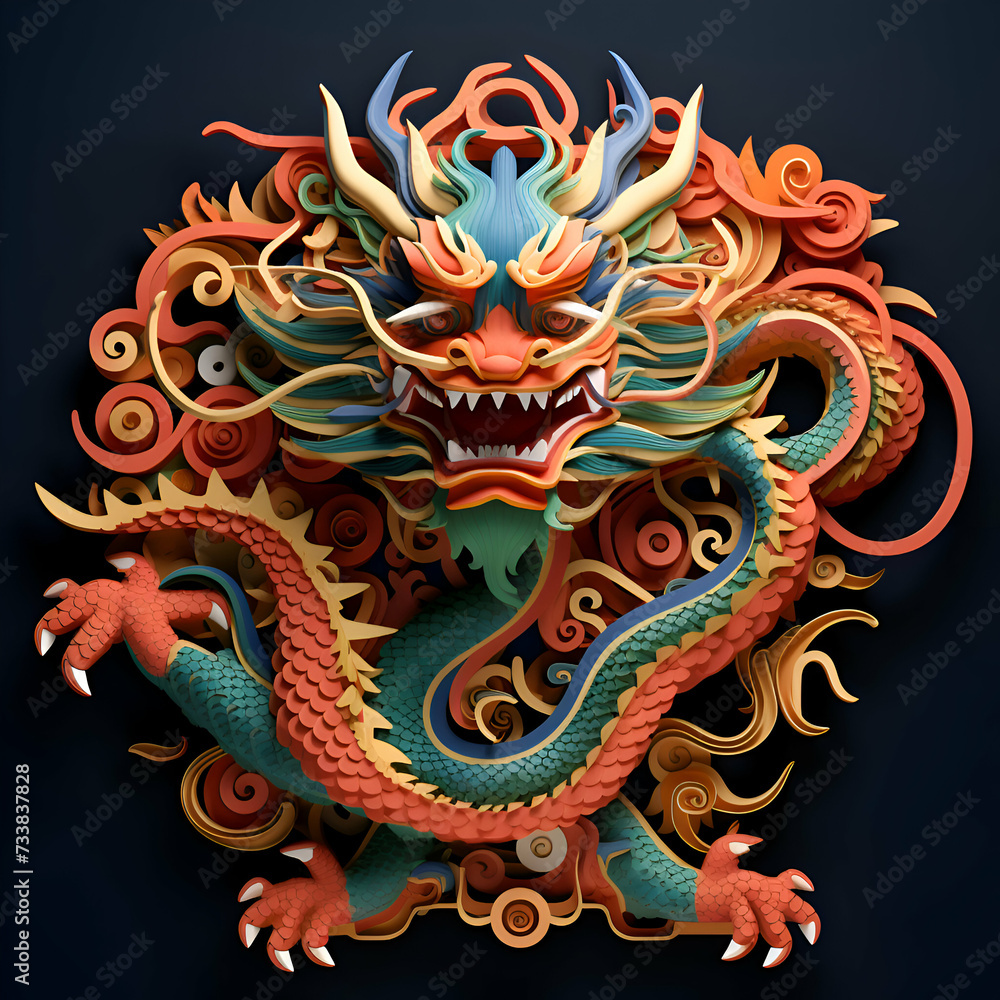 Chinese dragon on a dark background. 3d rendering. 3d illustration. Chinese dragon on a dark background. 3d rendering. 3d illustration.