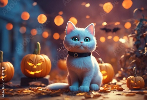 a cat sitting on the ground in front of pumpkins