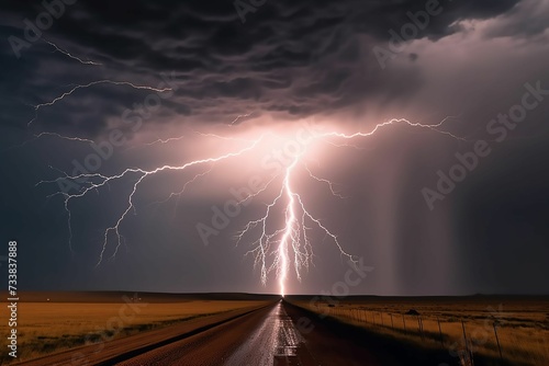 AI generated illustration of a road stretched out into the distance, illuminated by lightning strike