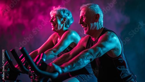 Senior Couple Enjoying Indoor Cycling Exercise at Gym