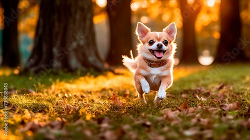 AI generated illustration of a chihuahua running joyfully through an autumn park photo