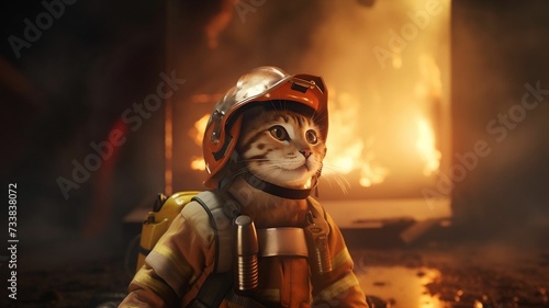 AI generated illustration of an adorable kitty cat dressed in a firefighter uniform photo