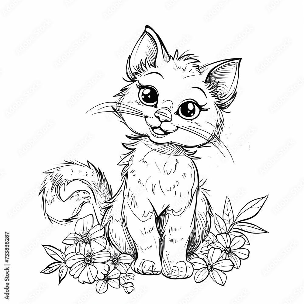 Obraz premium Cute cat with flowers, sketch for your design. Coloring page.Vector illustration