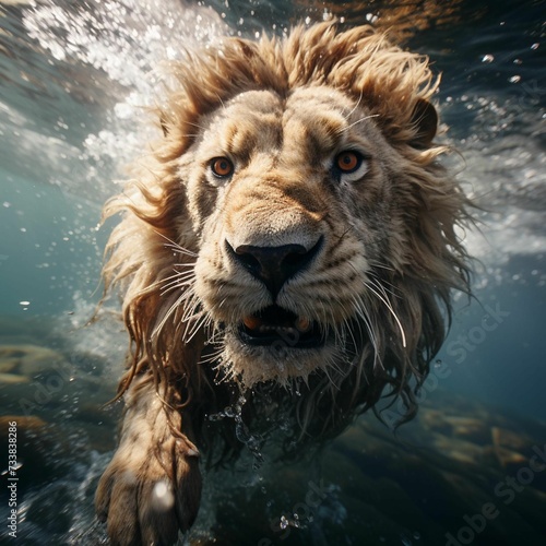 AI generated illustration of a lion swimming in the sea