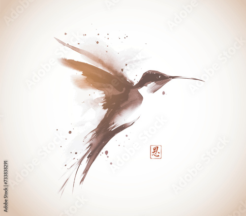 Ink wash painting of hummingbird in flight in vintage style. Traditional oriental ink painting sumi-e, u-sin, go-hua. Hieroglyph - grace.