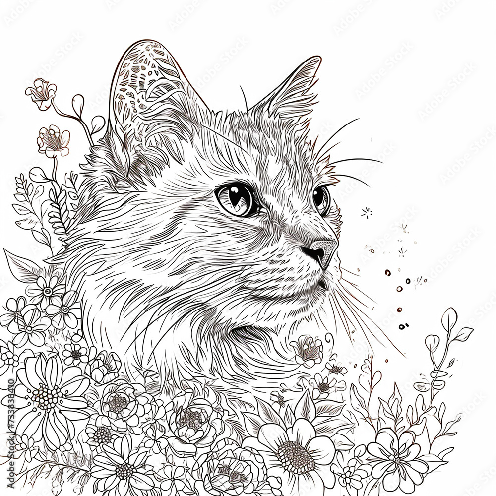 Cute cat among flowers. Coloring page. Hand drawn vector illustration