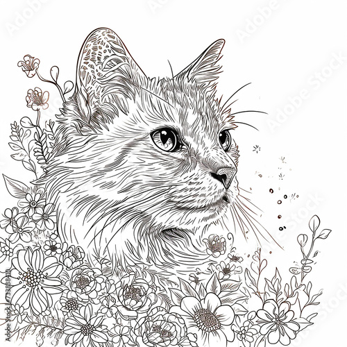 Cute cat among flowers. Coloring page. Hand drawn vector illustration in black and white.
