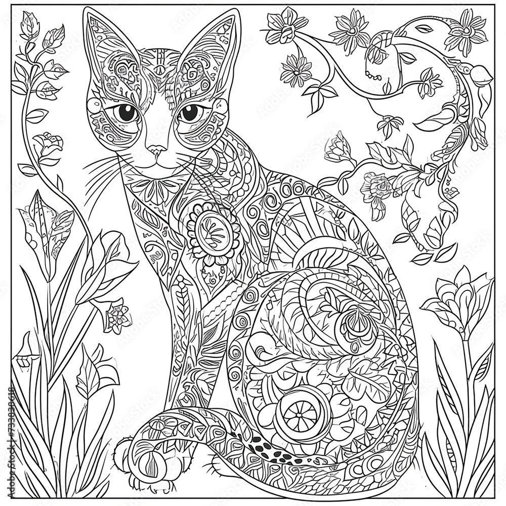 Coloring book for adult and older children. Coloring page. Coloring page with cat and flowers