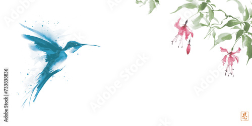 Ink wash painting of fuchsia flowers and hummingbird in flight. Traditional oriental ink painting sumi-e, u-sin, go-hua. Hieroglyph - grace