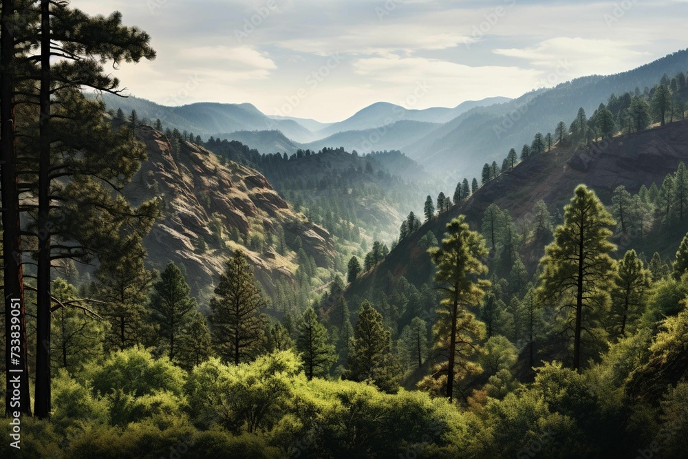 Fototapeta premium AI generated illustration of a mountain range with lush green forest on a sunny day
