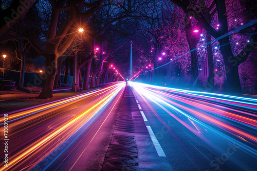 Night traffic in the city. Colorful light trails. Long exposure. Background image. Created with Generative AI technology